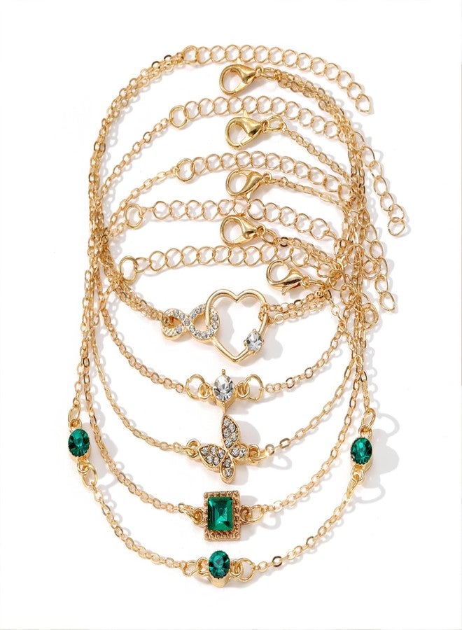 IFKM Gold Bracelets For Women, 14k Gold Plated Layeard Jewelry Bangle Bracelet Set, Trendy Thin Dainty Emerald Rhinestone Stackable Link Chain Fashion Accessories Gifts (Butterfly heart) - Image 1
